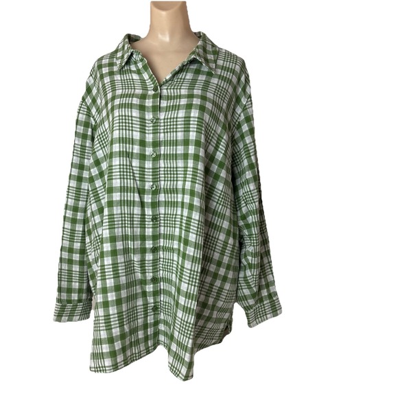 Joan Rivers Tops - Joan Rivers 3X Shirt Top Green White Checkered Plaid Button Down Front pockets